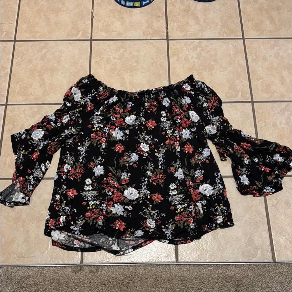 Time and Tru Black Off-Shoulder Floral Blouse